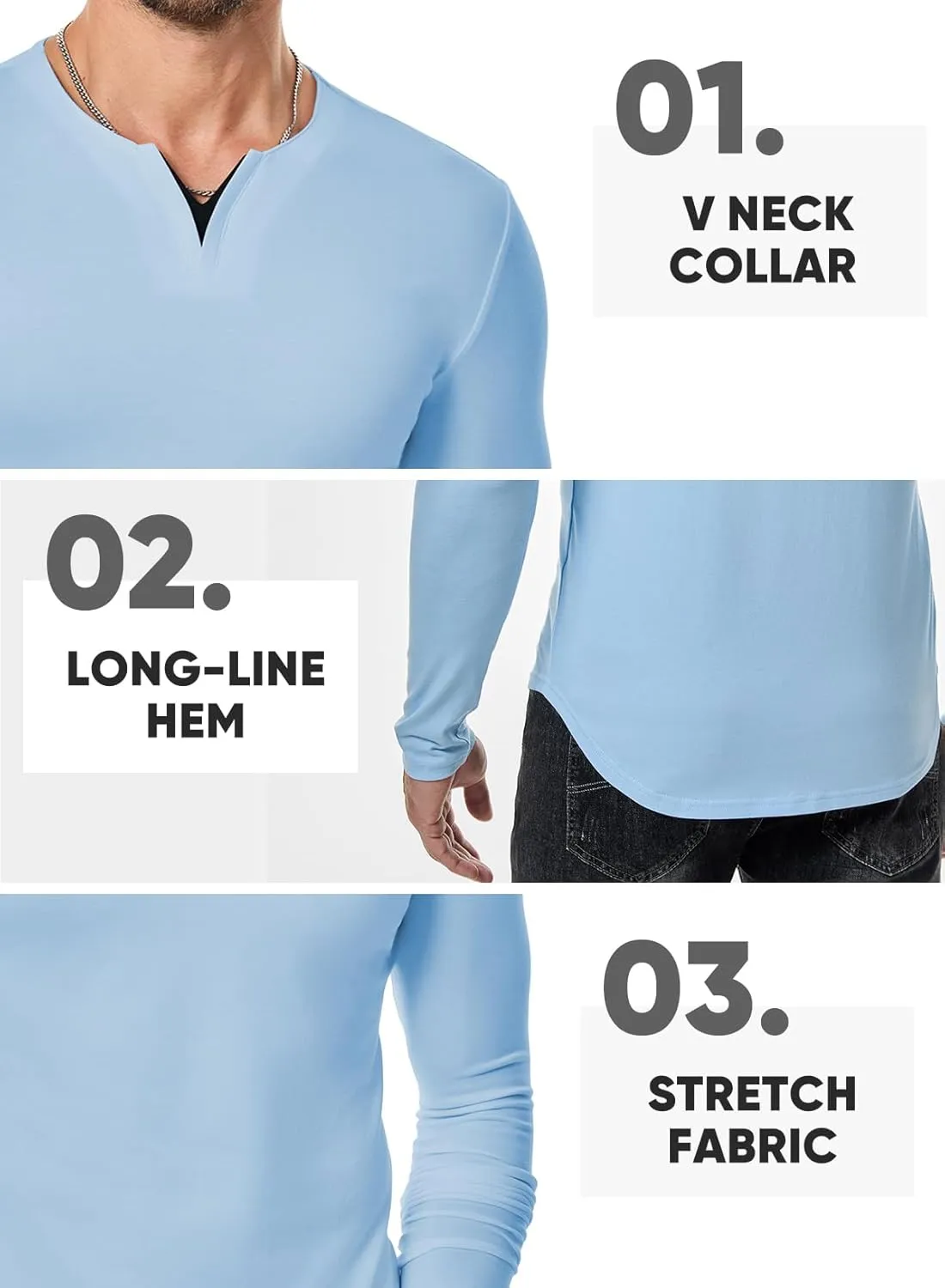 JMIERR Mens Casual Muscle T Shirt Long Sleeve V-Neck Longline Soft Tee Shirt