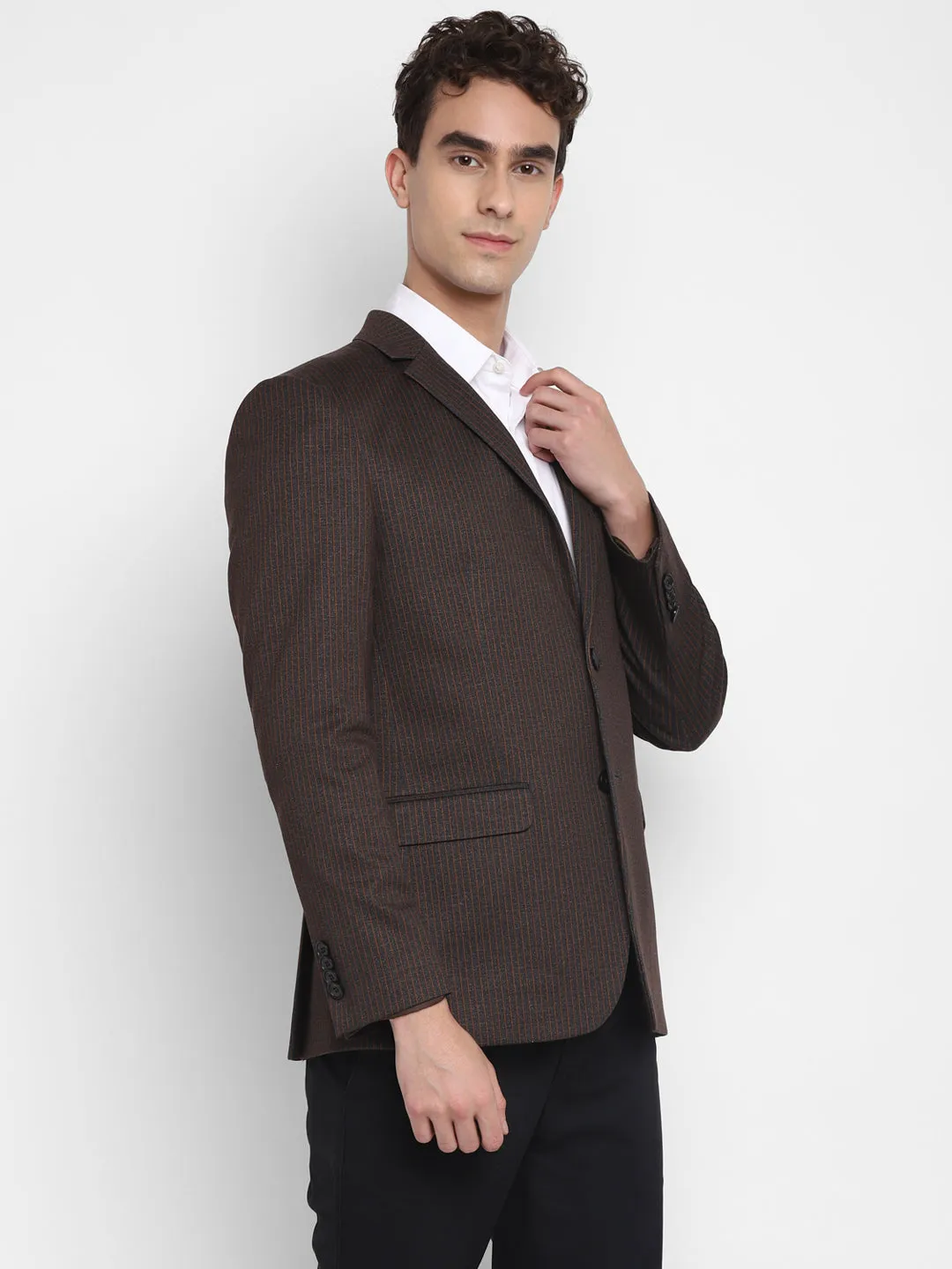 Knitted Brown Striped Regular Fit Full Sleeve Casual Blazer