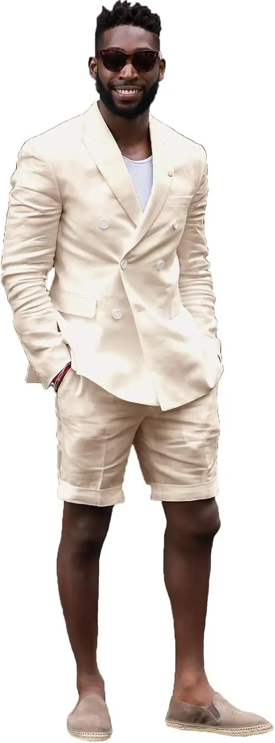 Mens Double Breasted Linen Suit Set with Shorts 2 Piece Suits for Men Beach Wedding JXZ014