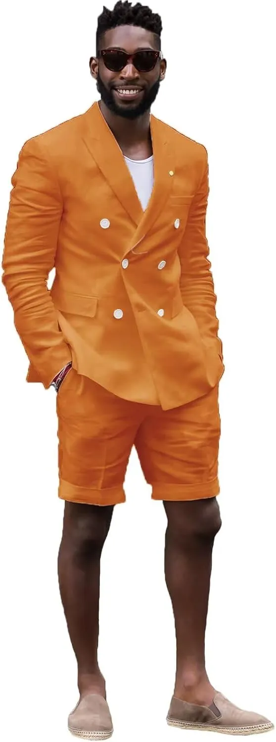 Mens Double Breasted Linen Suit Set with Shorts 2 Piece Suits for Men Beach Wedding JXZ014