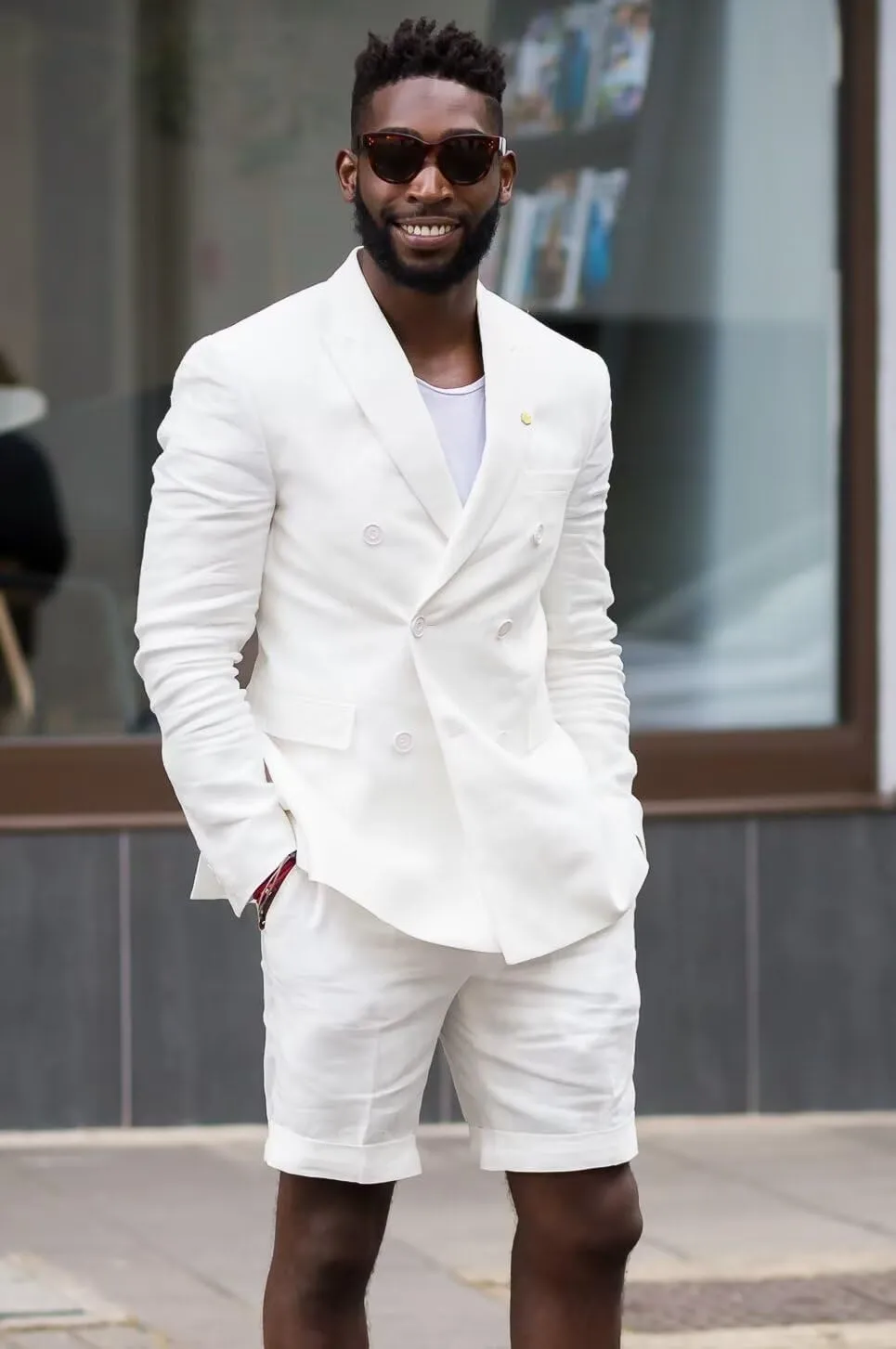 Mens Double Breasted Linen Suit Set with Shorts 2 Piece Suits for Men Beach Wedding JXZ014