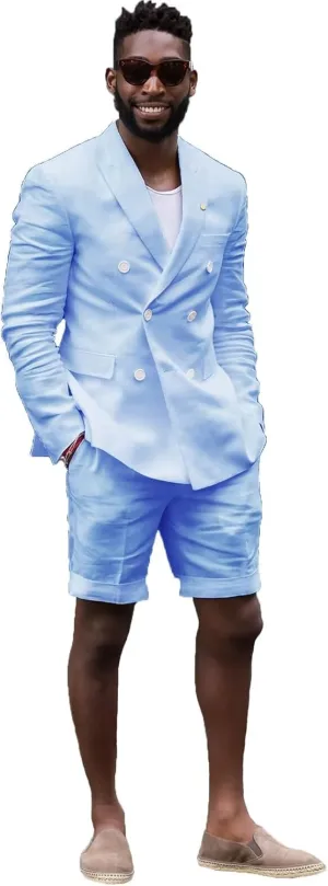 Mens Double Breasted Linen Suit Set with Shorts 2 Piece Suits for Men Beach Wedding JXZ014