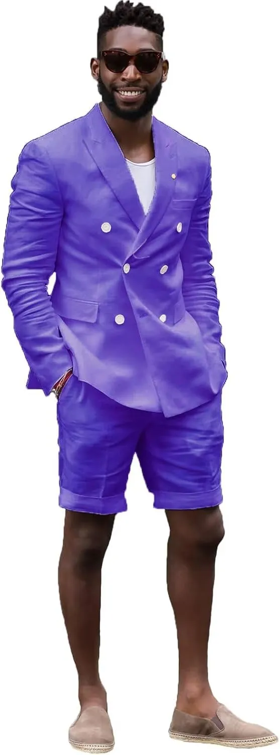 Mens Double Breasted Linen Suit Set with Shorts 2 Piece Suits for Men Beach Wedding JXZ014