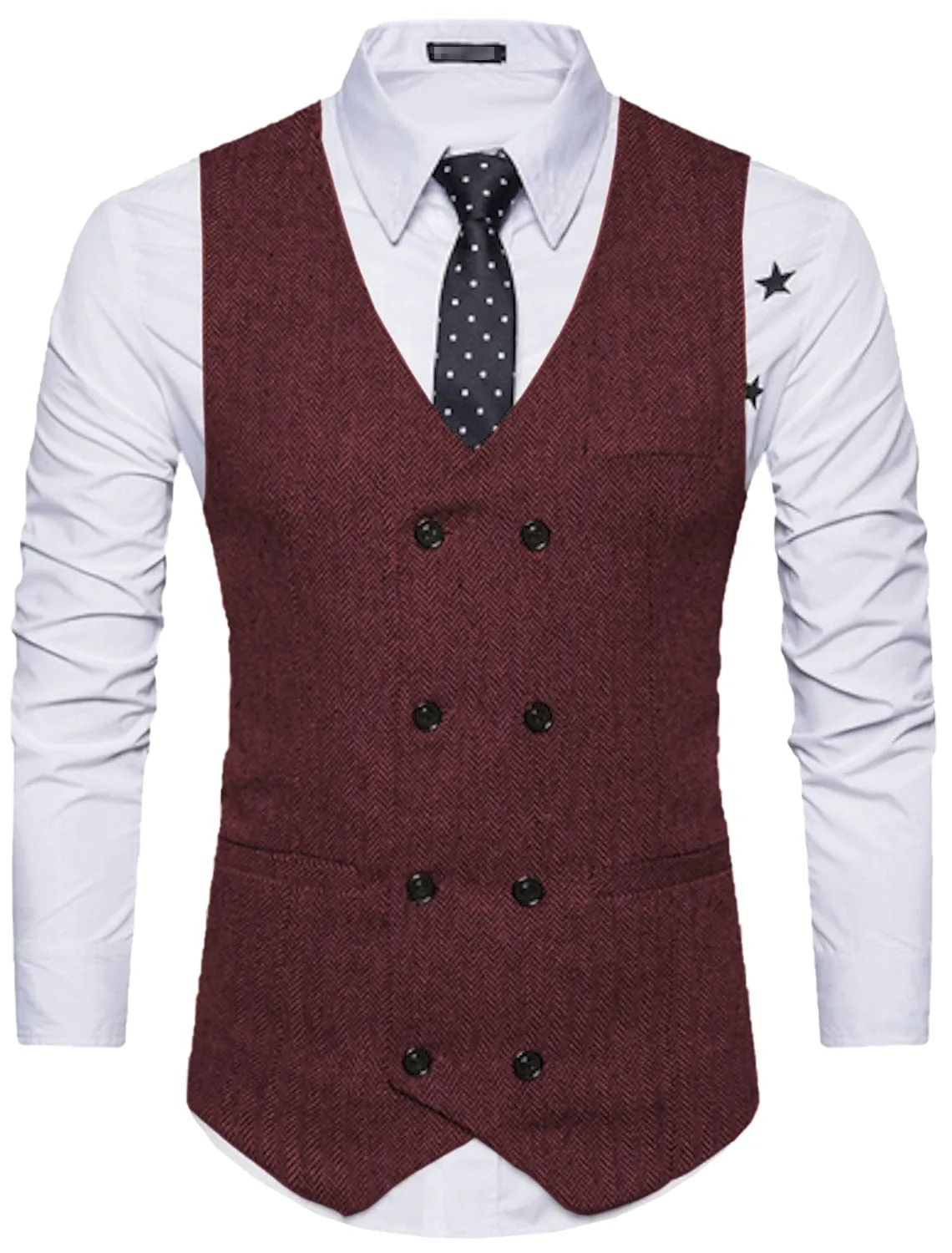 Men's Solid Color Vest Double Breasted V Neck Business Casual Tweed Waistcoat