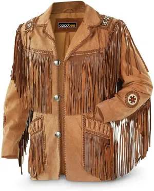 Men's Traditional Cowboy Western Leather Jacket Coat with Fringe Native American Jacket Suede Beaded-XL Brown