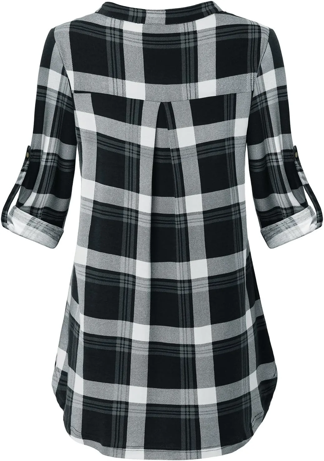 MOQIVGI Womens Roll Tab Sleeve V Neck Plaid Shirts Trendy Casual Checkered Blouse Tops