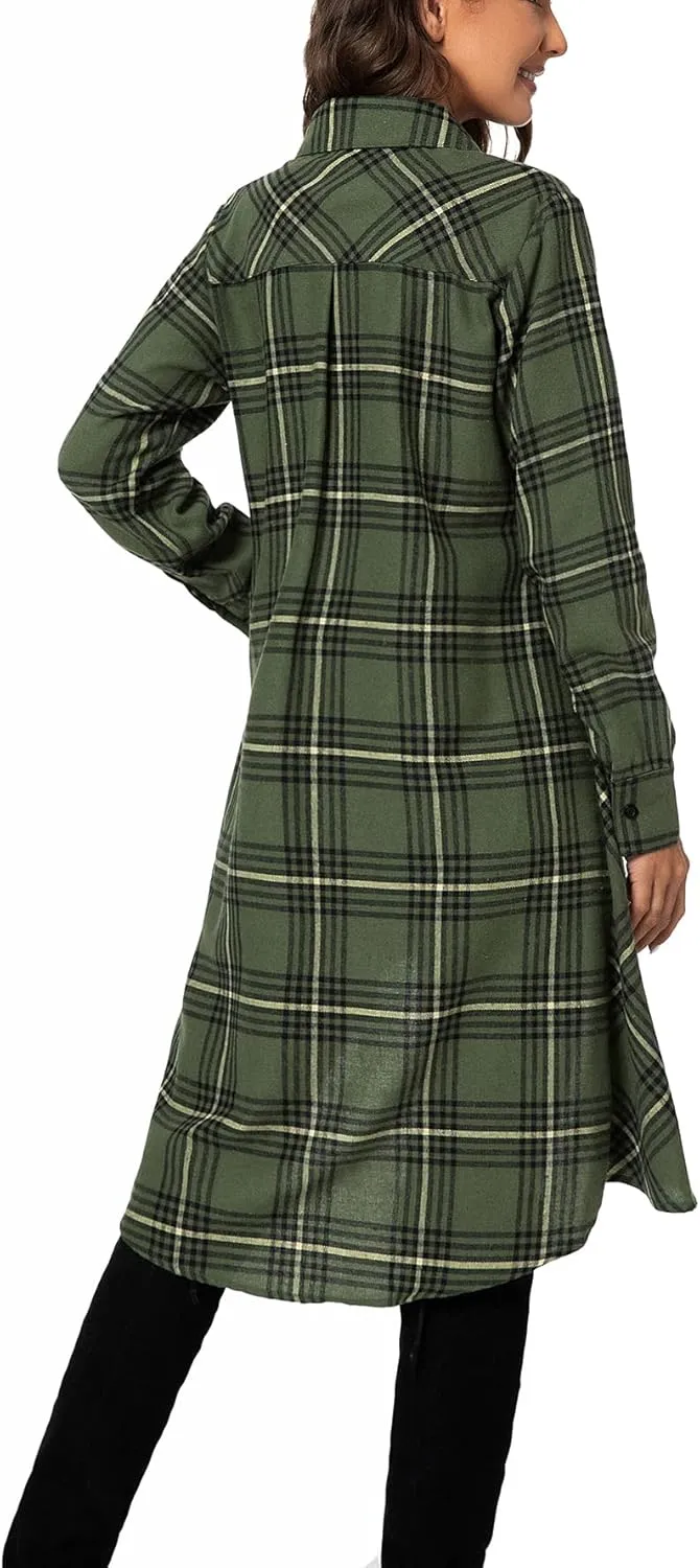 olrain Womens Plaids V Neck Long Sleeve Irregular Hem Casual Shirt Dress