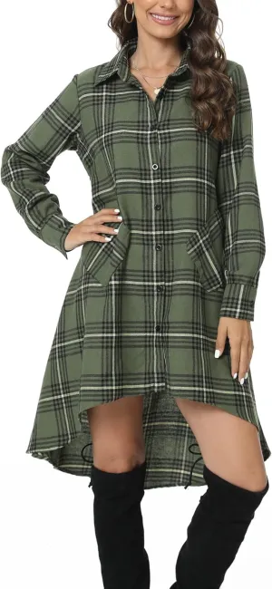 olrain Womens Plaids V Neck Long Sleeve Irregular Hem Casual Shirt Dress