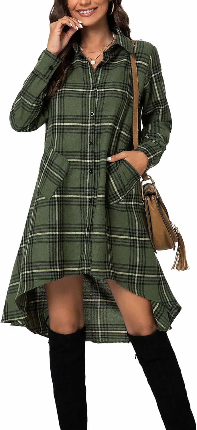 olrain Womens Plaids V Neck Long Sleeve Irregular Hem Casual Shirt Dress