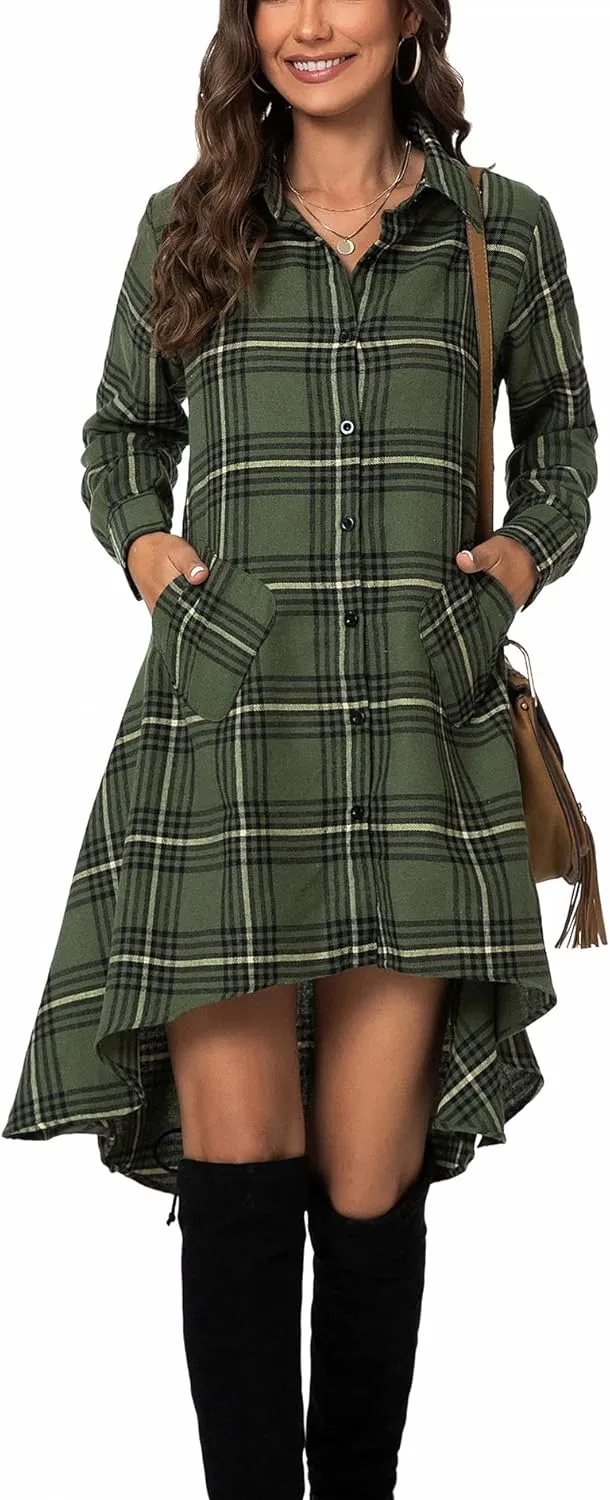 olrain Womens Plaids V Neck Long Sleeve Irregular Hem Casual Shirt Dress