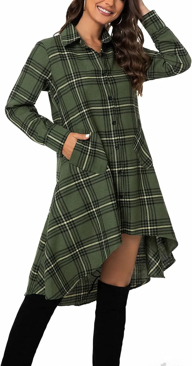 olrain Womens Plaids V Neck Long Sleeve Irregular Hem Casual Shirt Dress