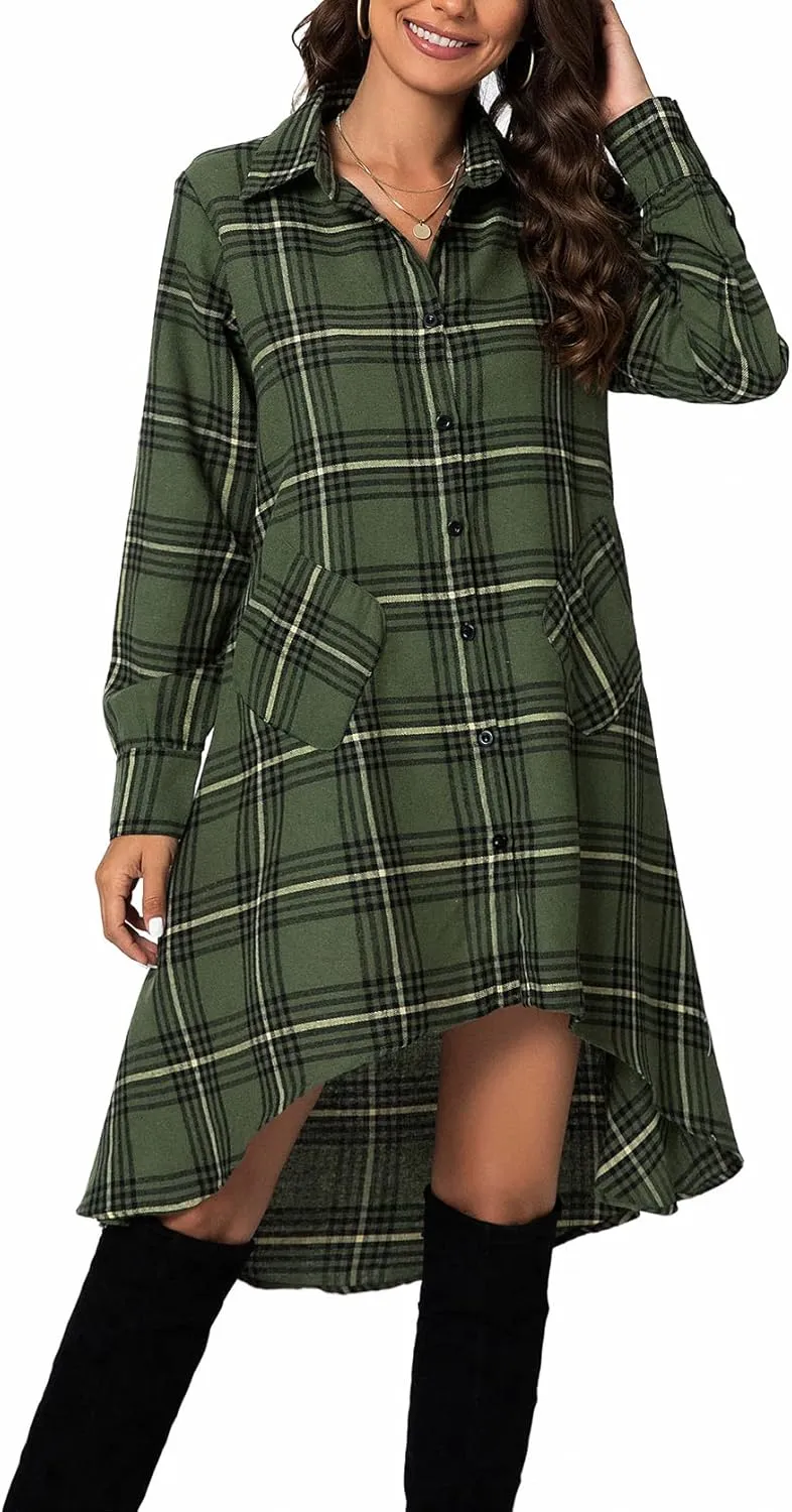 olrain Womens Plaids V Neck Long Sleeve Irregular Hem Casual Shirt Dress