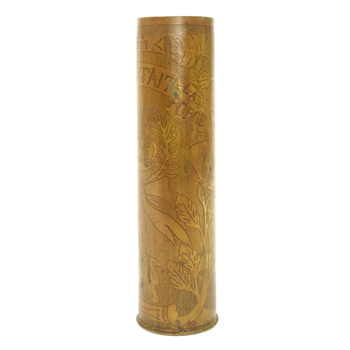 Original French WWI Trench Art Engraved 75mm Brass Artillery Shell dated 1914