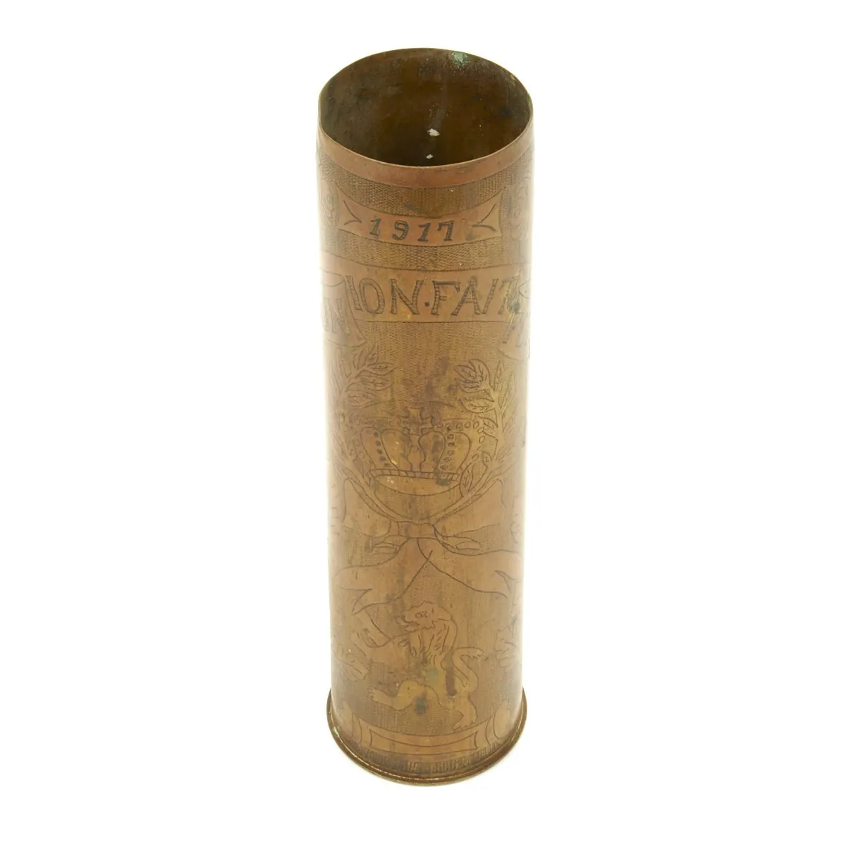 Original French WWI Trench Art Engraved 75mm Brass Artillery Shell dated 1914