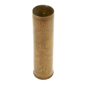 Original French WWI Trench Art Engraved 75mm Brass Artillery Shell dated 1914