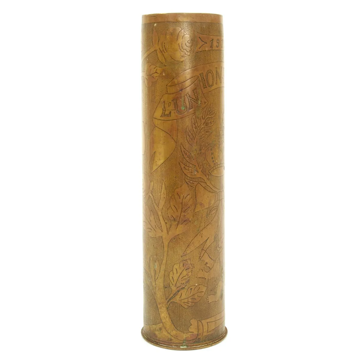 Original French WWI Trench Art Engraved 75mm Brass Artillery Shell dated 1914