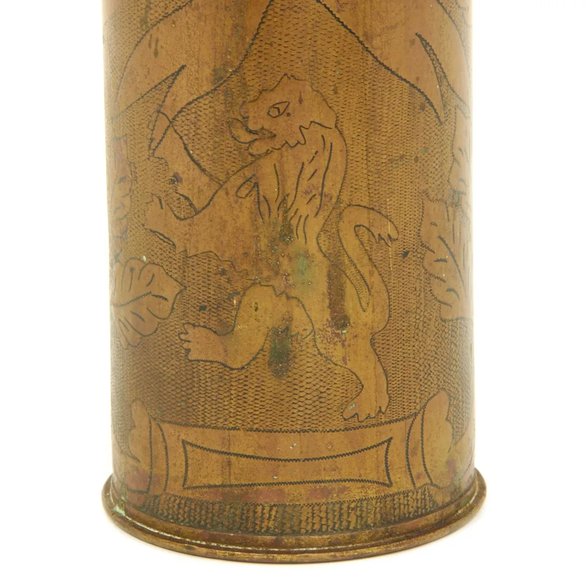 Original French WWI Trench Art Engraved 75mm Brass Artillery Shell dated 1914