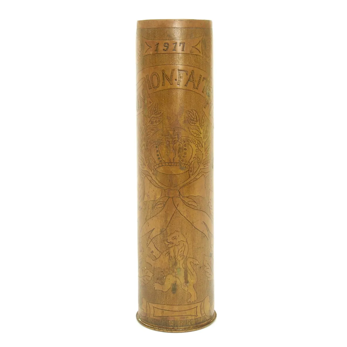 Original French WWI Trench Art Engraved 75mm Brass Artillery Shell dated 1914