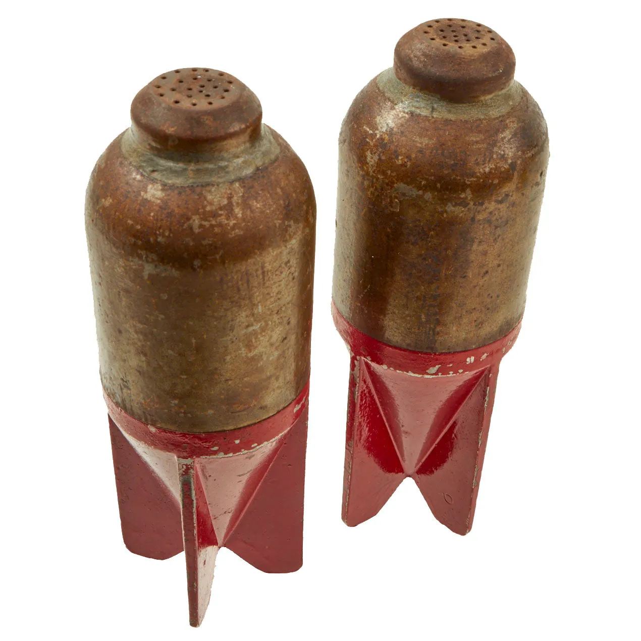 Original Italian WWII Red Devil 45mm Brixia Model 35 Mortar Bombs Salt & Pepper Shaker Trench Art With Carrier - dated 1939 - Inert