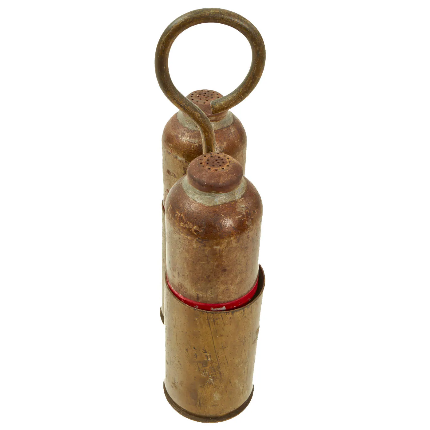 Original Italian WWII Red Devil 45mm Brixia Model 35 Mortar Bombs Salt & Pepper Shaker Trench Art With Carrier - dated 1939 - Inert