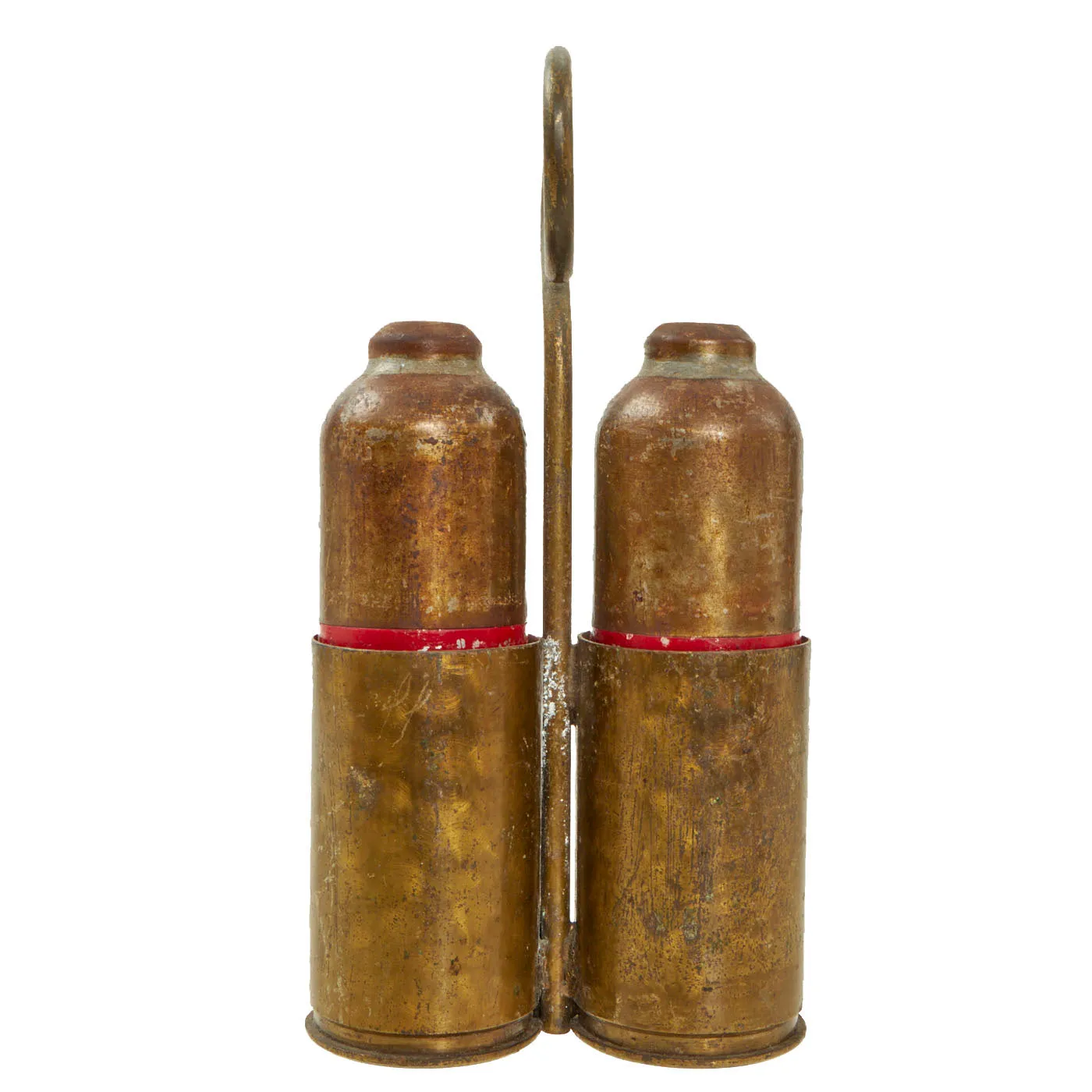 Original Italian WWII Red Devil 45mm Brixia Model 35 Mortar Bombs Salt & Pepper Shaker Trench Art With Carrier - dated 1939 - Inert
