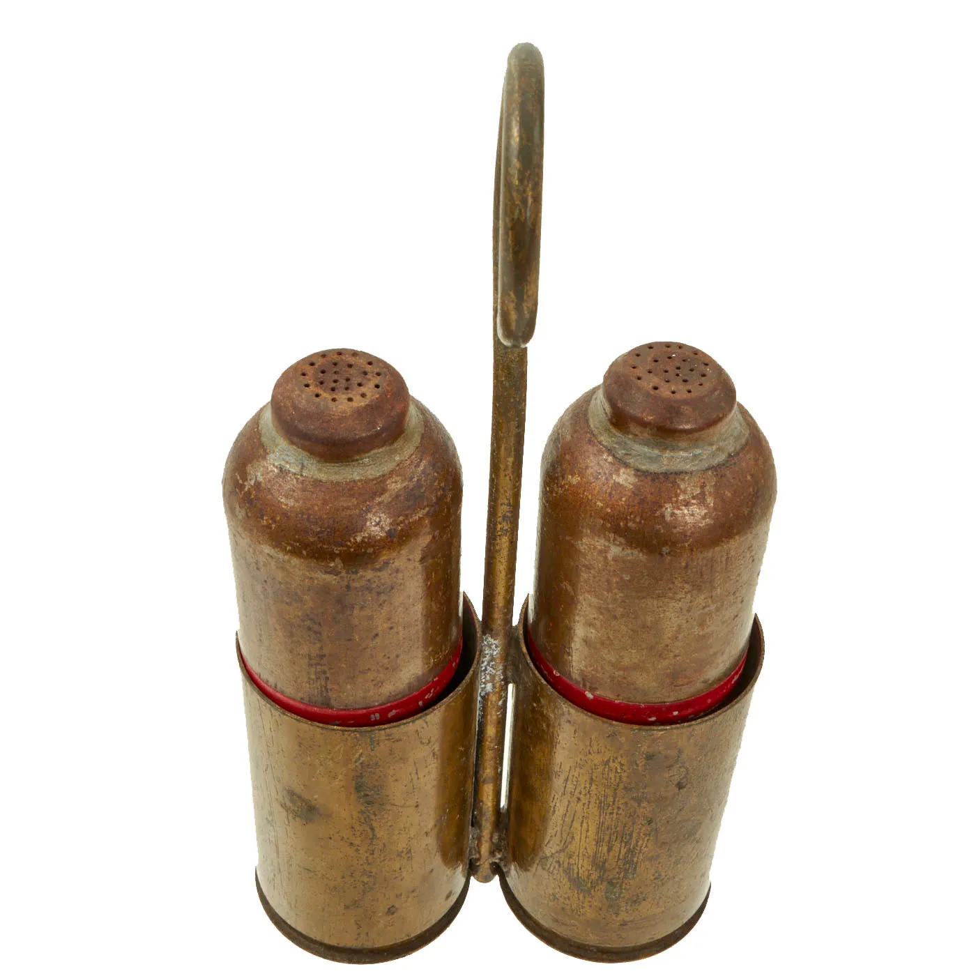 Original Italian WWII Red Devil 45mm Brixia Model 35 Mortar Bombs Salt & Pepper Shaker Trench Art With Carrier - dated 1939 - Inert