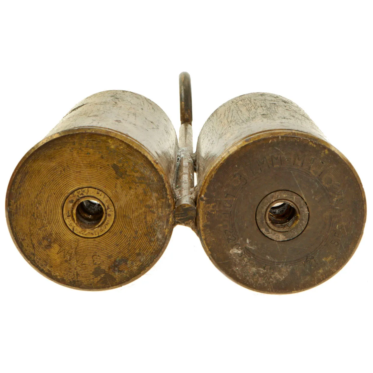 Original Italian WWII Red Devil 45mm Brixia Model 35 Mortar Bombs Salt & Pepper Shaker Trench Art With Carrier - dated 1939 - Inert