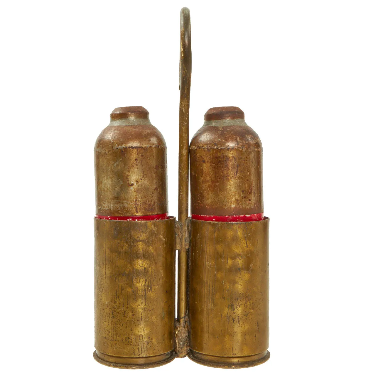 Original Italian WWII Red Devil 45mm Brixia Model 35 Mortar Bombs Salt & Pepper Shaker Trench Art With Carrier - dated 1939 - Inert