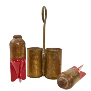 Original Italian WWII Red Devil 45mm Brixia Model 35 Mortar Bombs Salt & Pepper Shaker Trench Art With Carrier - dated 1939 - Inert