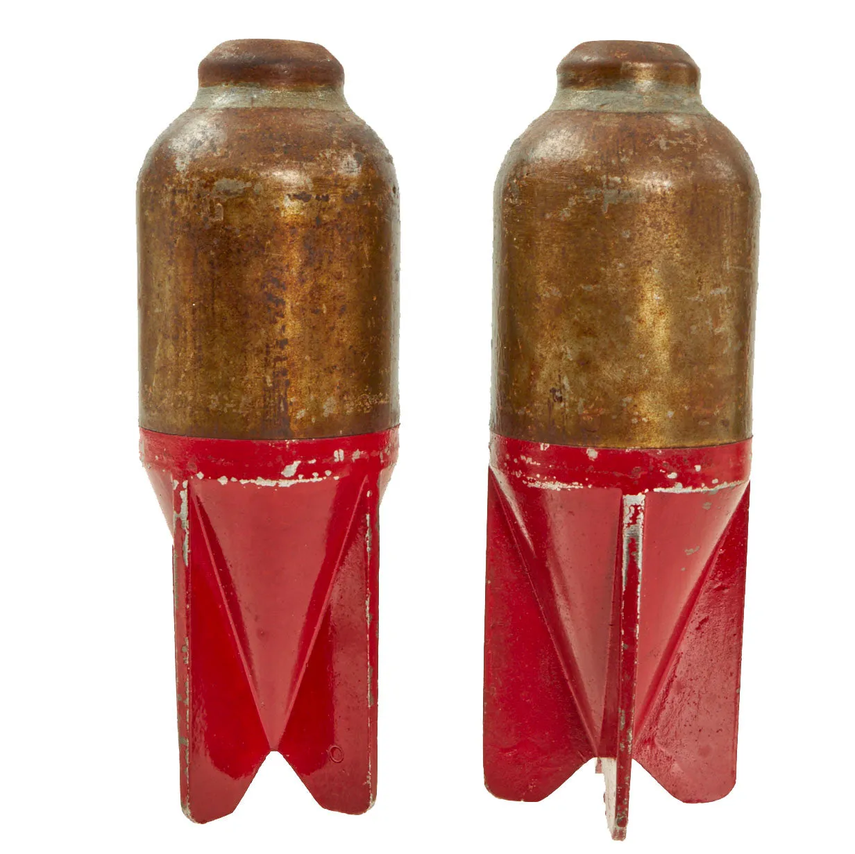 Original Italian WWII Red Devil 45mm Brixia Model 35 Mortar Bombs Salt & Pepper Shaker Trench Art With Carrier - dated 1939 - Inert