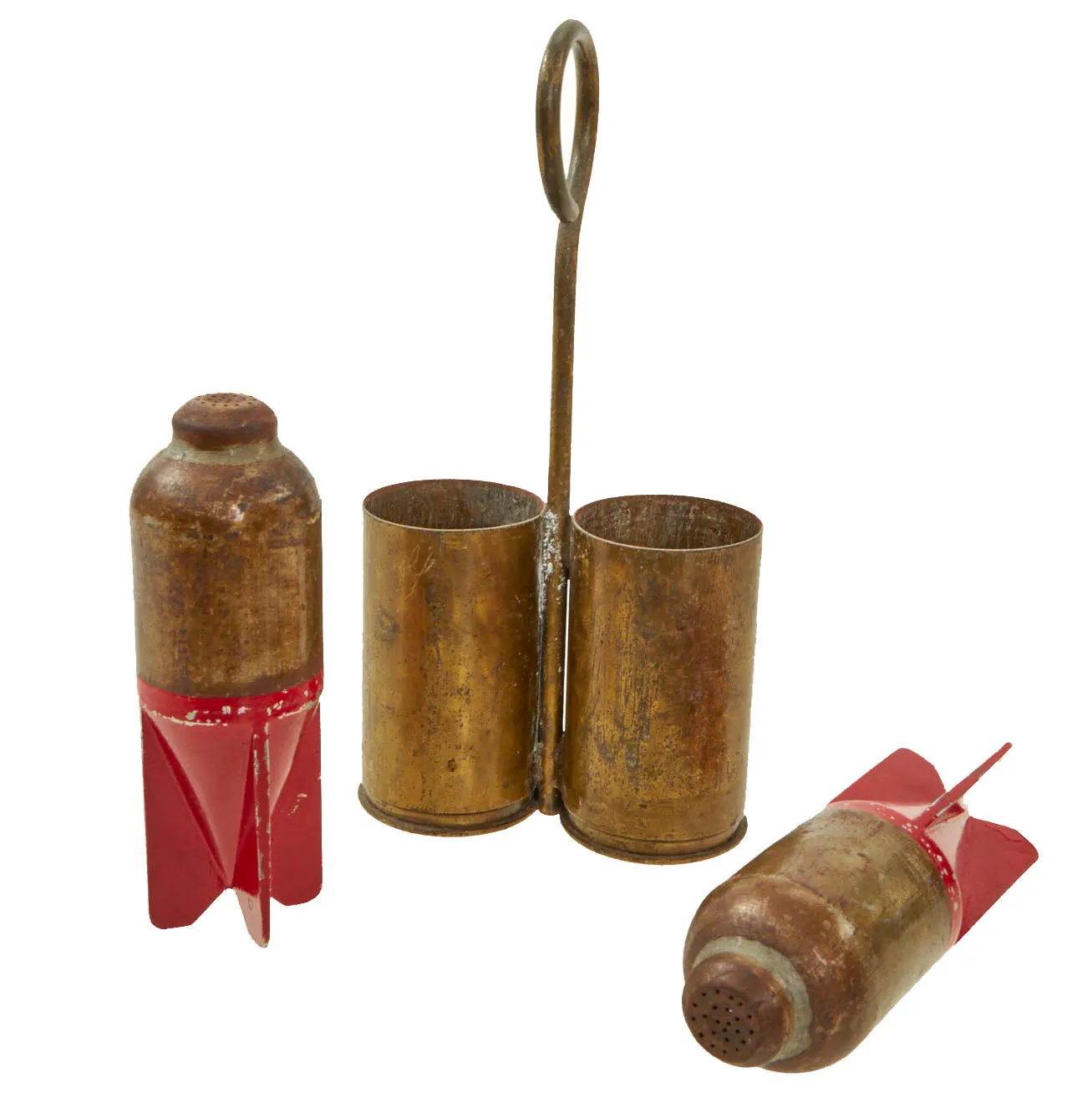 Original Italian WWII Red Devil 45mm Brixia Model 35 Mortar Bombs Salt & Pepper Shaker Trench Art With Carrier - dated 1939 - Inert