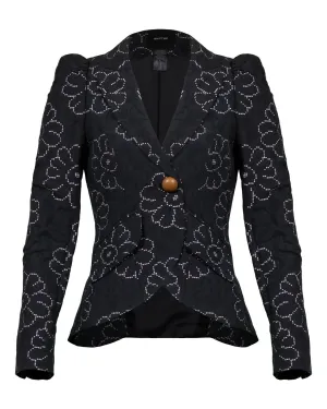 Pouf Sleeve One Button Blazer Black Floral