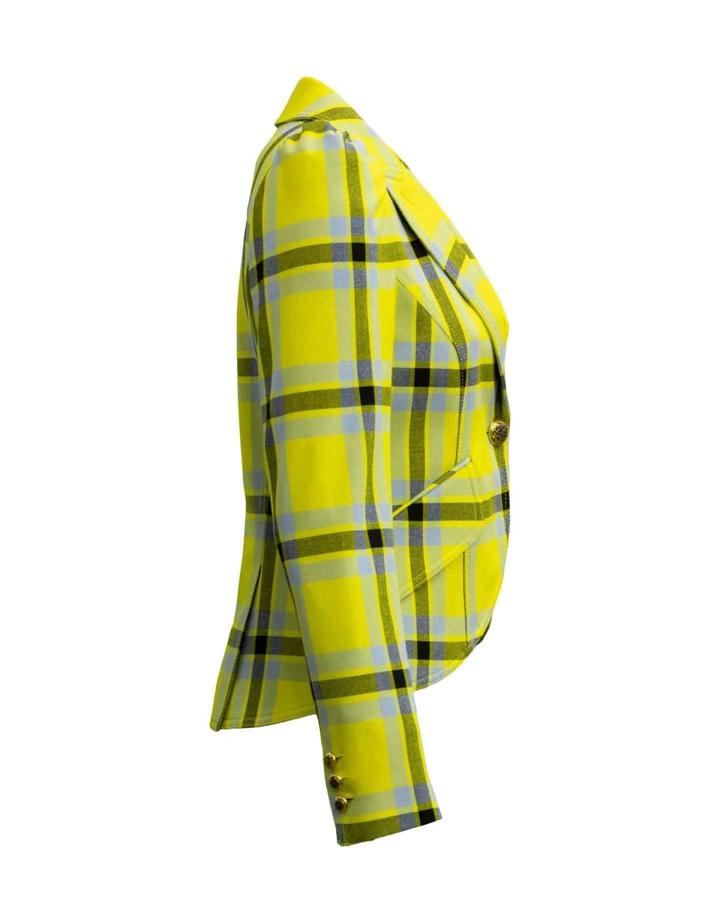 Pouf Sleeve One Button Blazer Lemon Plaid