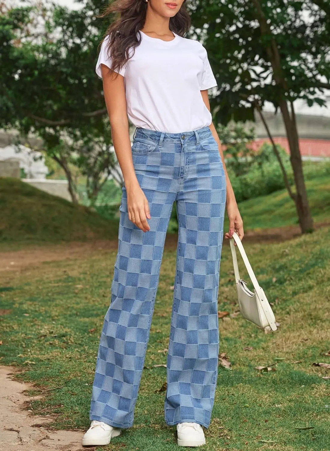 Sidefeel Women's Wide Leg Jeans High Waisted Stretchy Straight Leg Checkered Loose Denim Pants