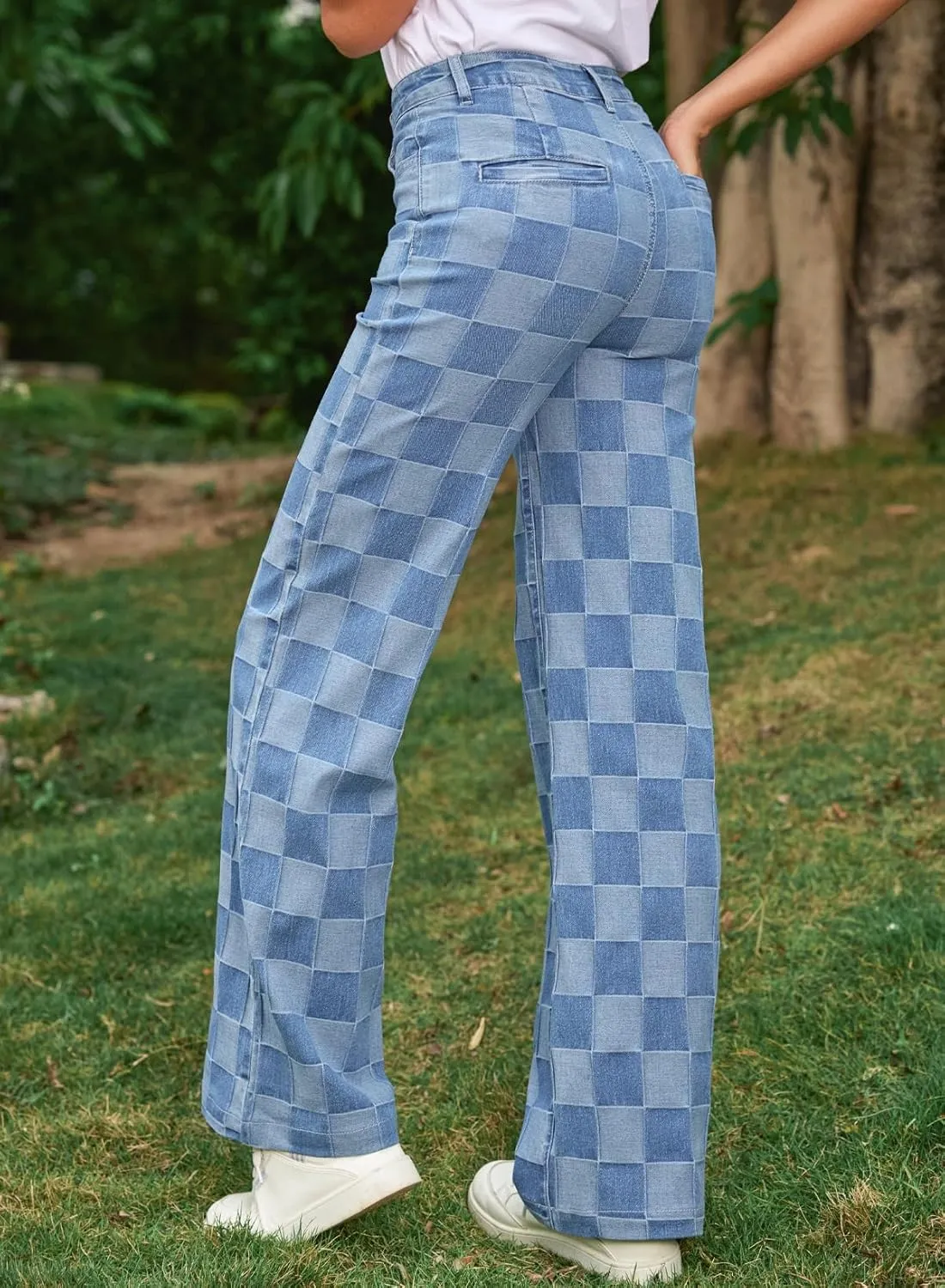 Sidefeel Women's Wide Leg Jeans High Waisted Stretchy Straight Leg Checkered Loose Denim Pants