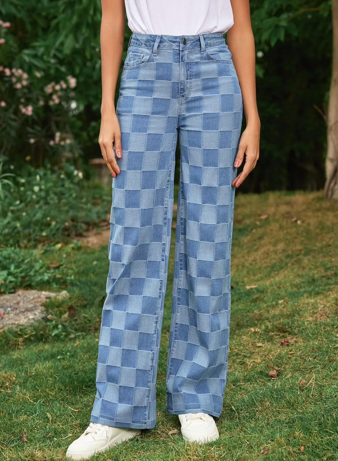 Sidefeel Women's Wide Leg Jeans High Waisted Stretchy Straight Leg Checkered Loose Denim Pants