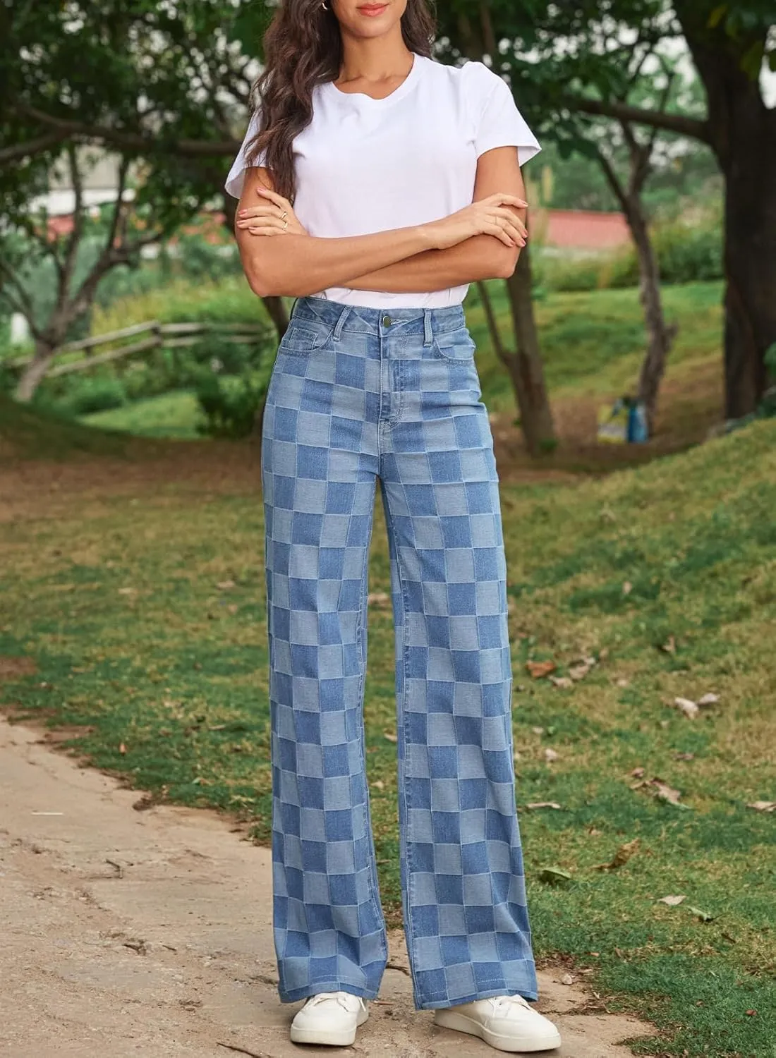 Sidefeel Women's Wide Leg Jeans High Waisted Stretchy Straight Leg Checkered Loose Denim Pants