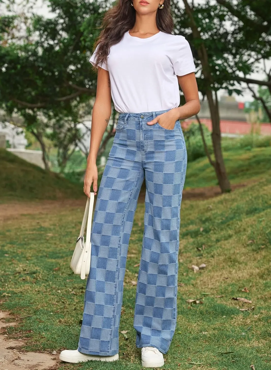 Sidefeel Women's Wide Leg Jeans High Waisted Stretchy Straight Leg Checkered Loose Denim Pants