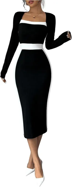 SOLY HUX Women's Midi Dress Color Block Square Neck Long Sleeve Bodycon Dresses