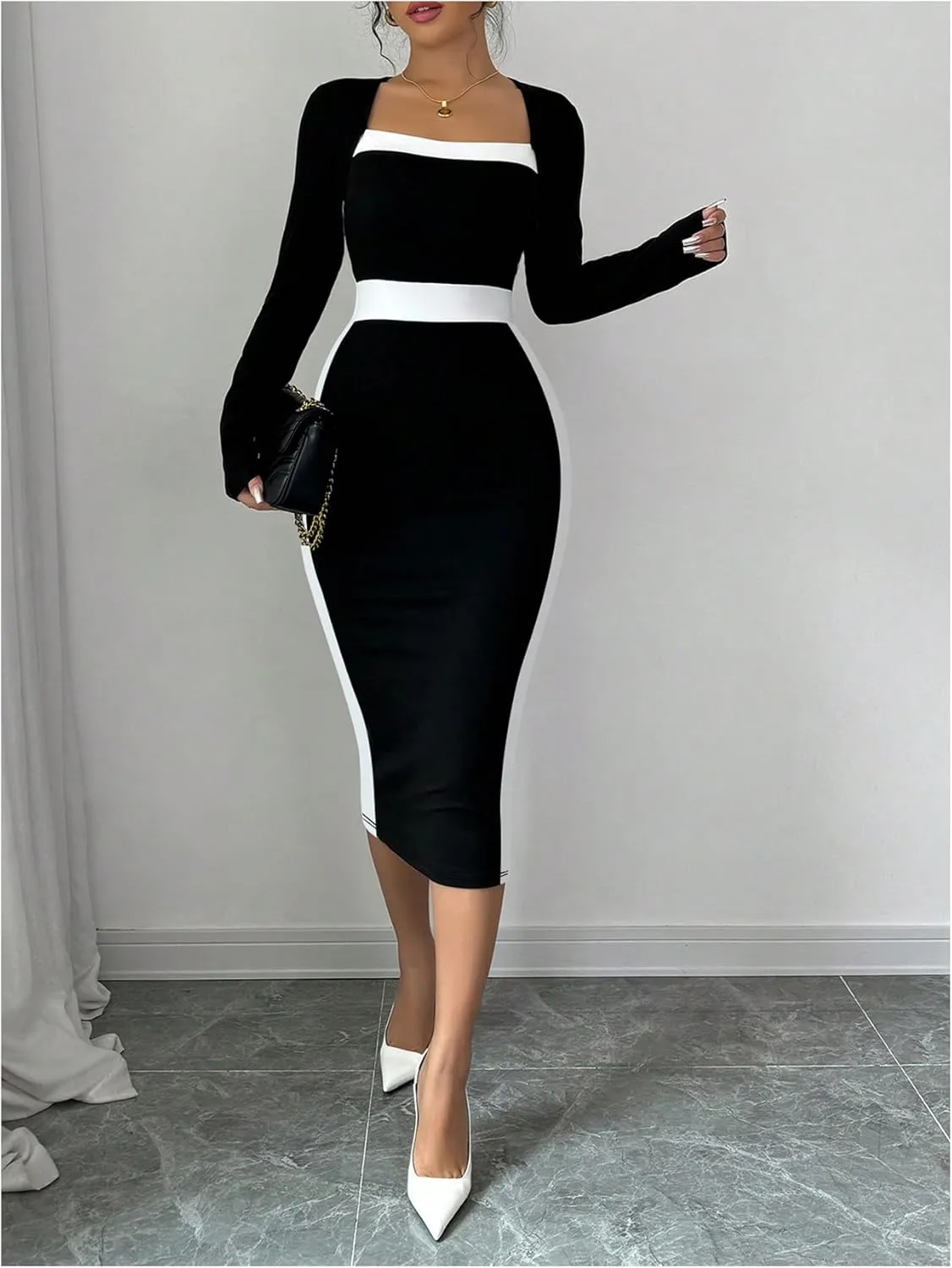 SOLY HUX Women's Midi Dress Color Block Square Neck Long Sleeve Bodycon Dresses