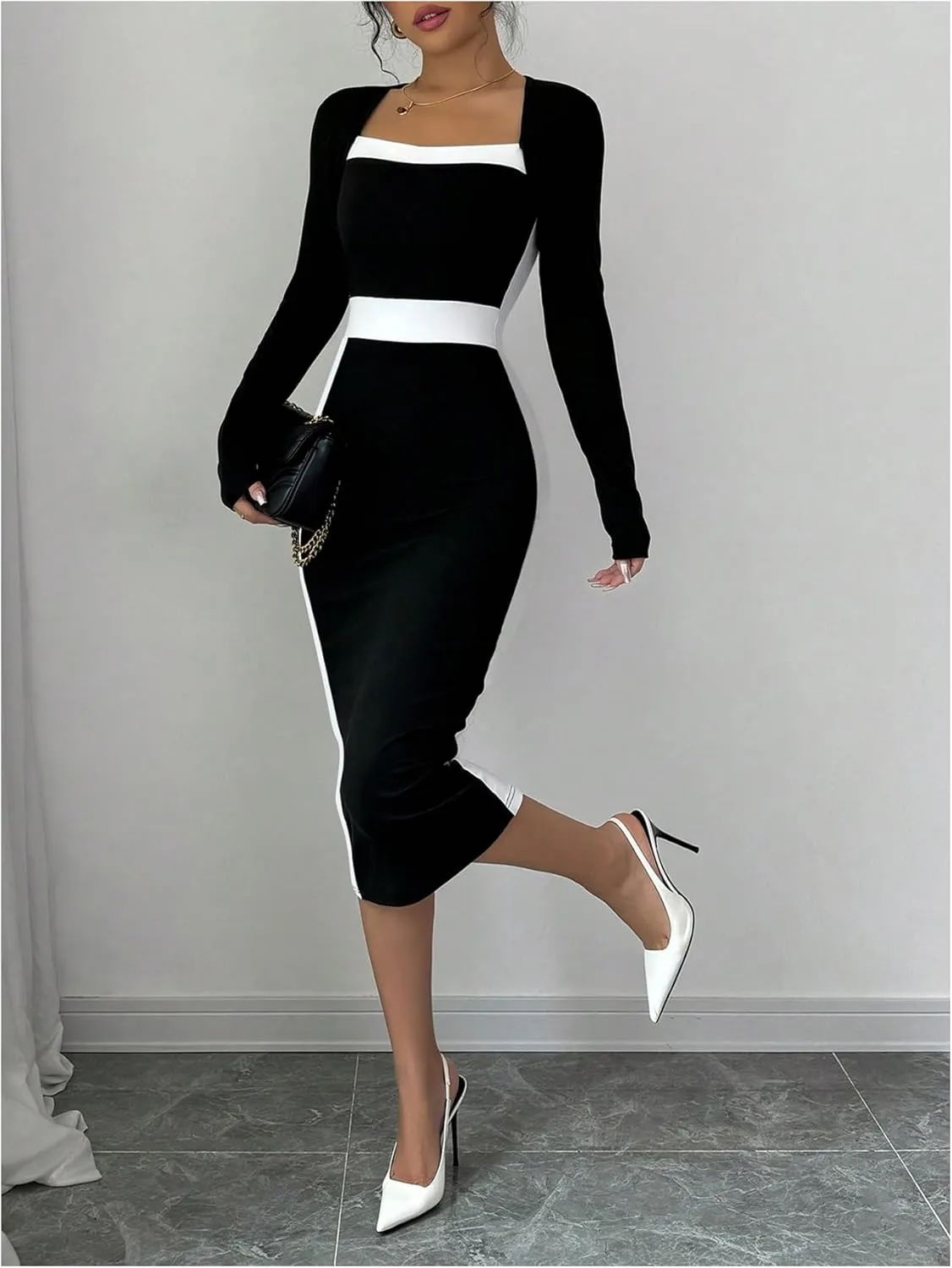 SOLY HUX Women's Midi Dress Color Block Square Neck Long Sleeve Bodycon Dresses