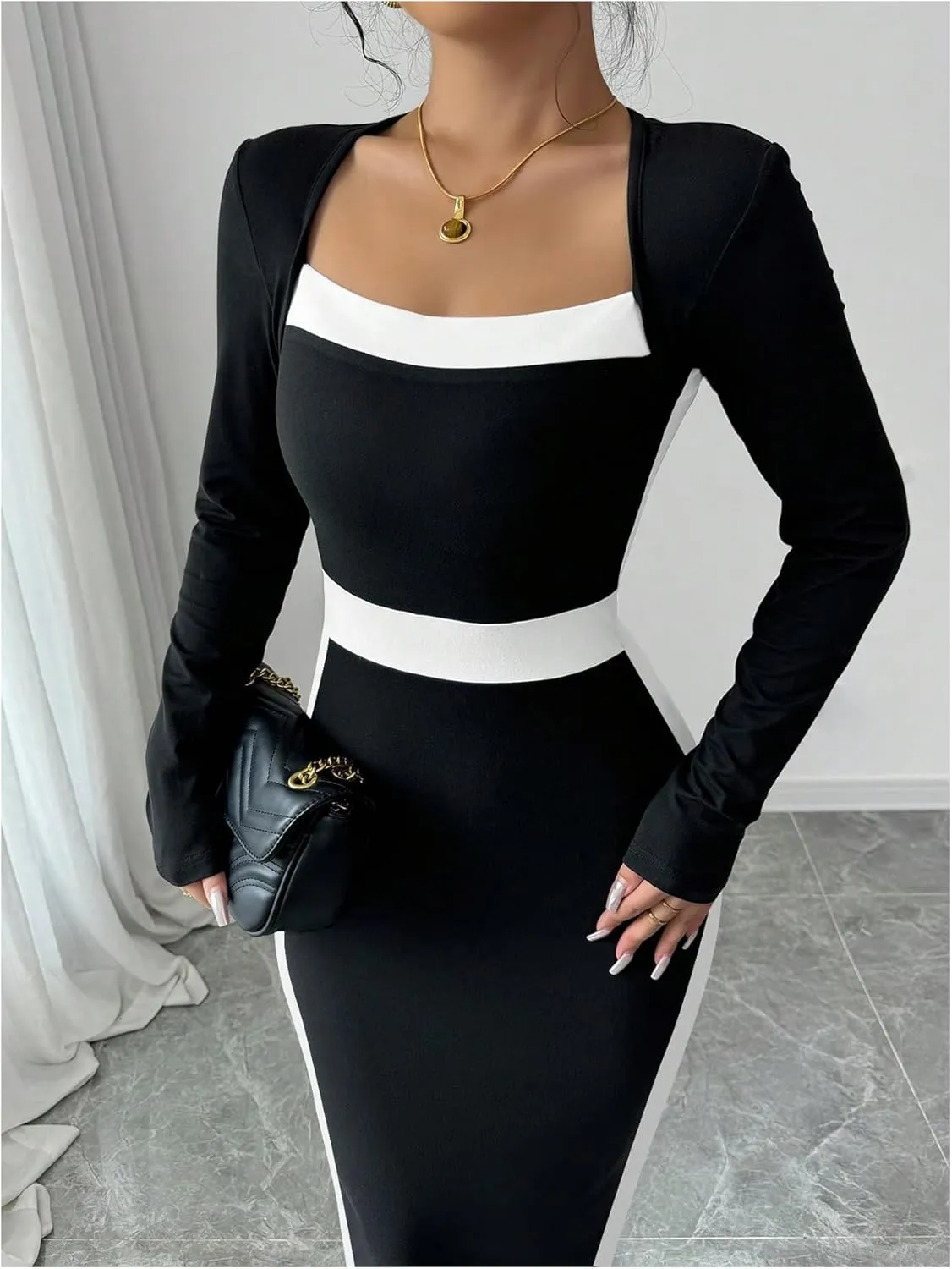 SOLY HUX Women's Midi Dress Color Block Square Neck Long Sleeve Bodycon Dresses