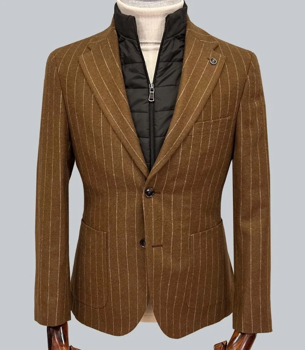 Striped Blazer with Removable Vest Insert  - Camel