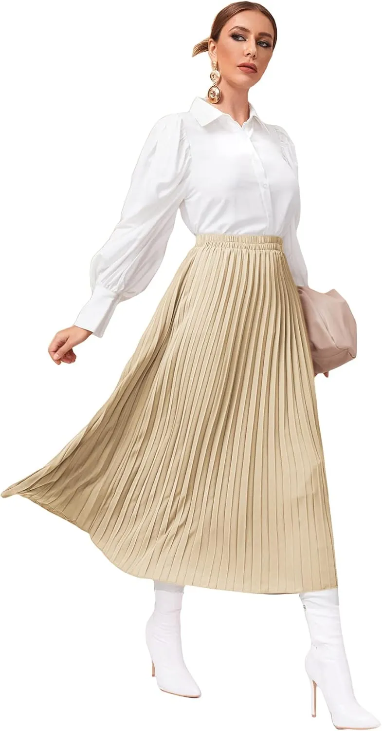 SweatyRocks Women's Casual Solid Longline Pleated Long Skirt