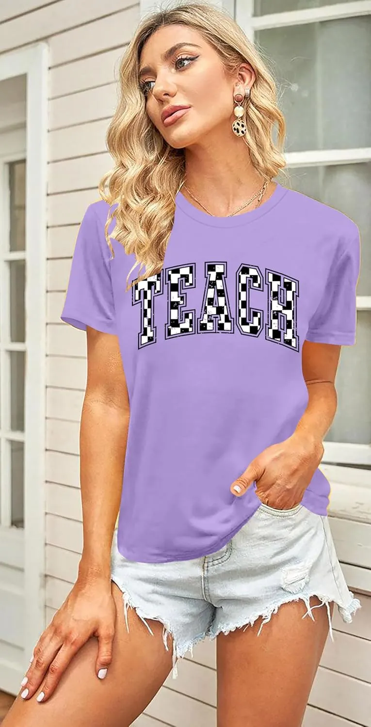 Teacher Shirts Women: Checkered Teach Printed T-Shirt Graphic Teaching Gifts Tees Casual Short Sleeve Tops