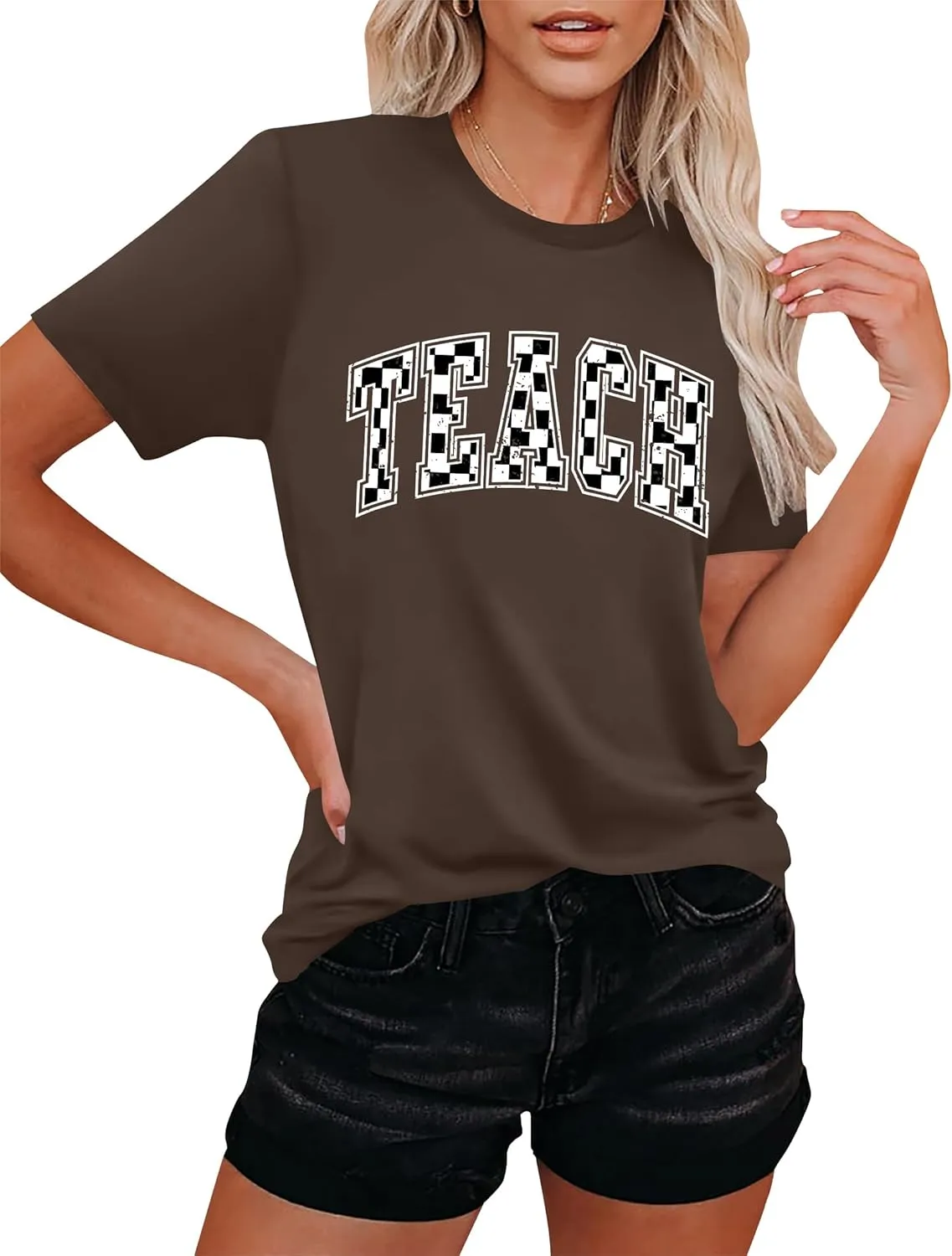 Teacher Shirts Women: Checkered Teach Printed T-Shirt Graphic Teaching Gifts Tees Casual Short Sleeve Tops
