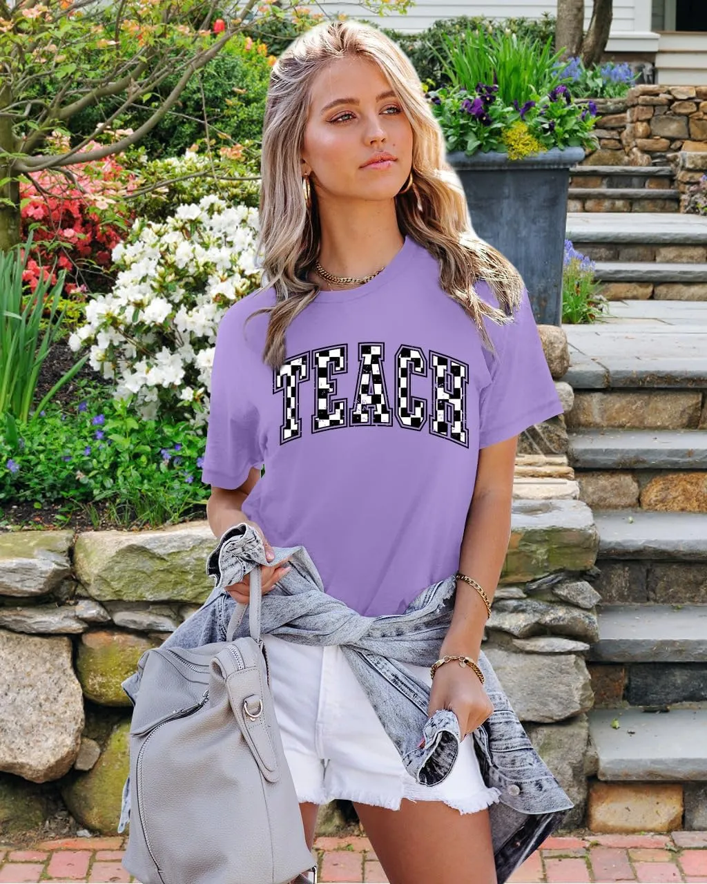 Teacher Shirts Women: Checkered Teach Printed T-Shirt Graphic Teaching Gifts Tees Casual Short Sleeve Tops