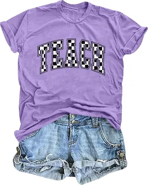 Teacher Shirts Women: Checkered Teach Printed T-Shirt Graphic Teaching Gifts Tees Casual Short Sleeve Tops