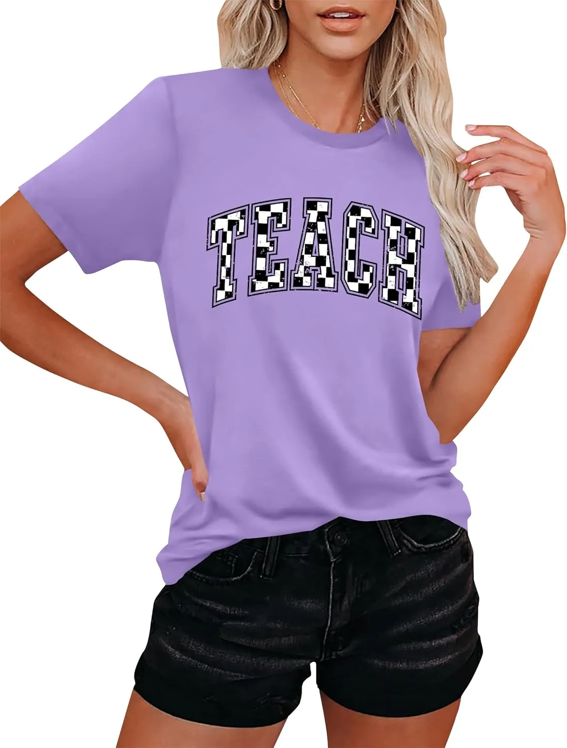 Teacher Shirts Women: Checkered Teach Printed T-Shirt Graphic Teaching Gifts Tees Casual Short Sleeve Tops