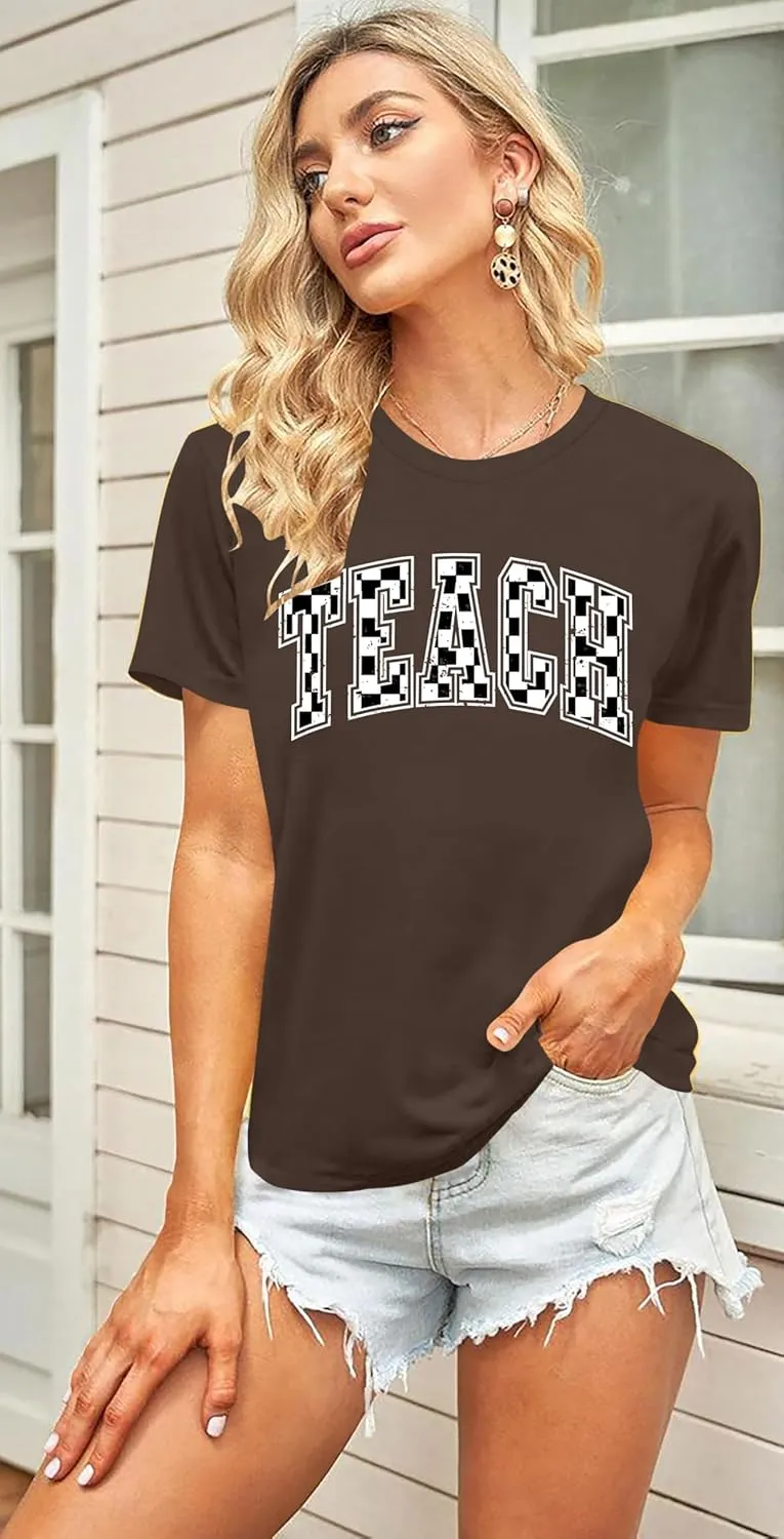 Teacher Shirts Women: Checkered Teach Printed T-Shirt Graphic Teaching Gifts Tees Casual Short Sleeve Tops